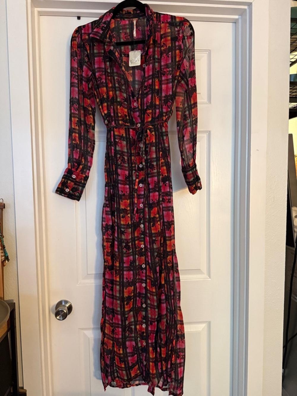 Free People Pink Plaid Maxi Shirt Dress with Belt